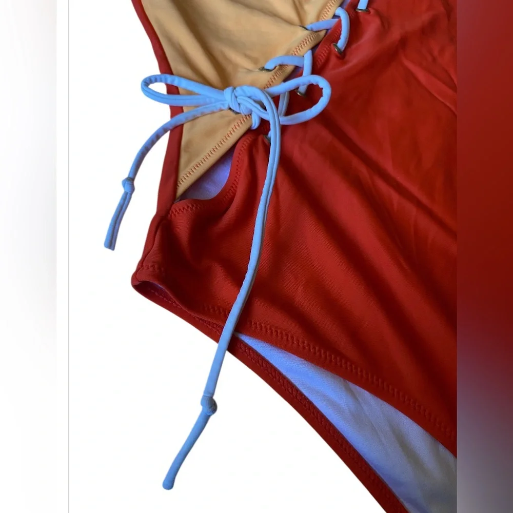 Colorblock One Shoulder Lace Up One Piece Monokini Swimsuit Size L